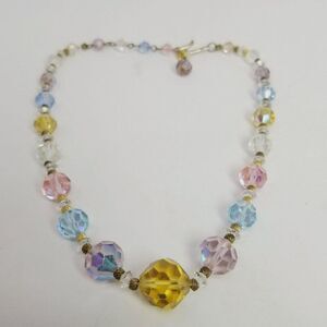 Vintage Colorful Glass Beaded Necklace, Pastel Rainbow Faceted Beads, 14 Inches